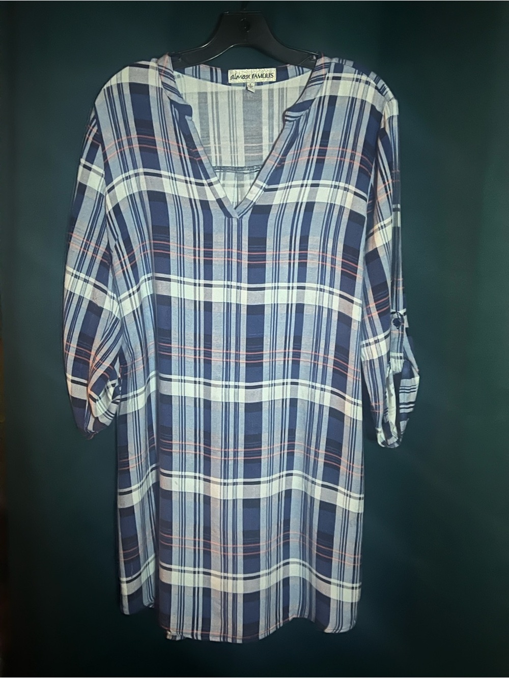 Almost Famous Blue and White Plaid Long Sleeve Tunic